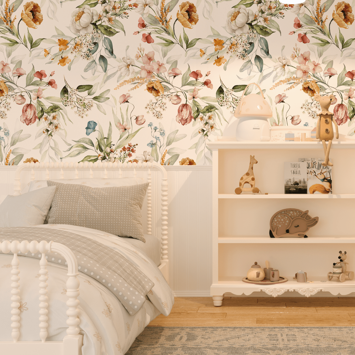 A cozy bedroom corner highlighting wallpaper with a rich array of flowers and leaves in soft watercolor tones of peach, mustard, and sage.