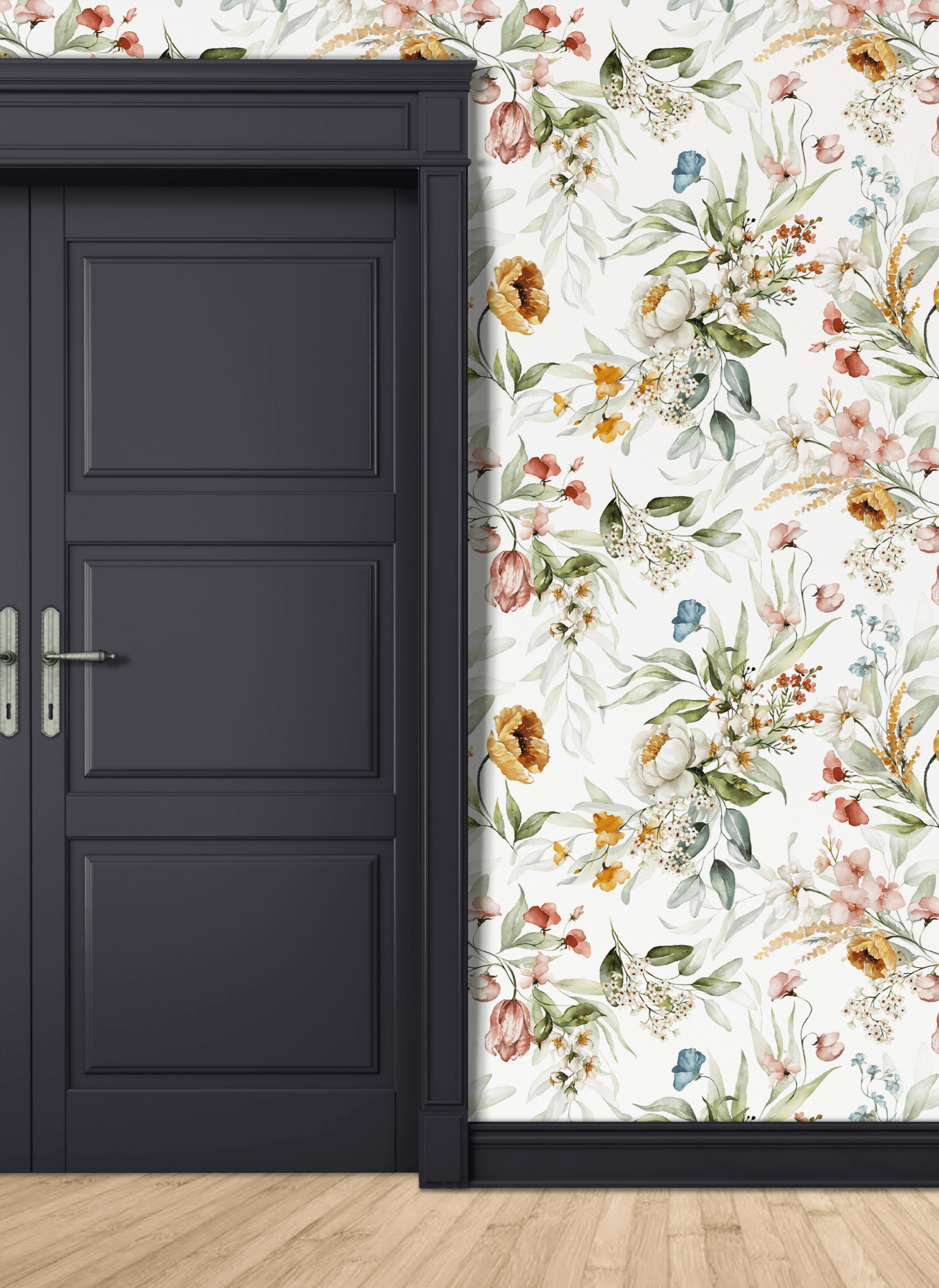 A stylish black door contrasting against a wall with vibrant watercolor floral wallpaper, creating a chic entryway.