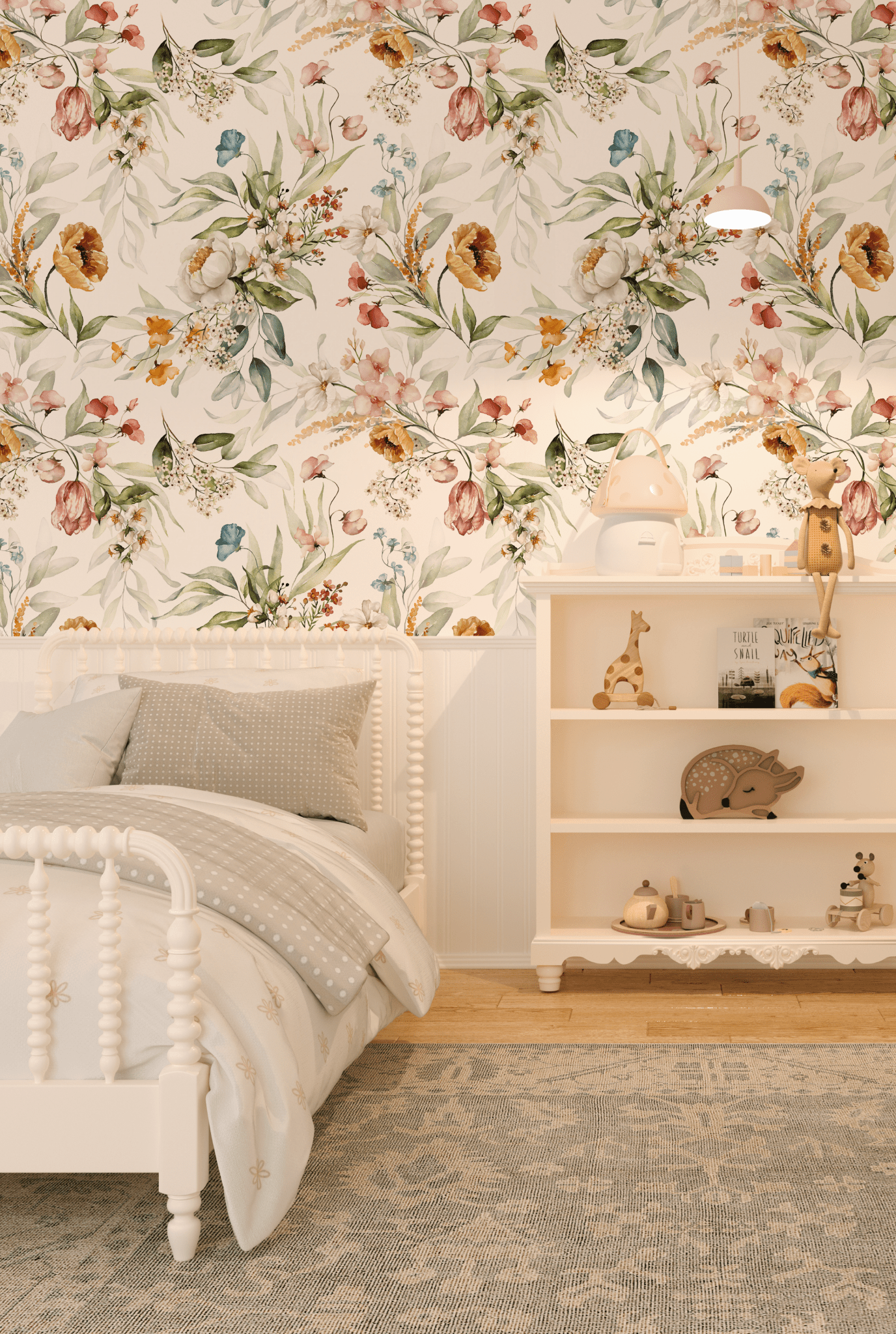 A cozy bedroom corner highlighting wallpaper with a rich array of flowers and leaves in soft watercolor tones of peach, mustard, and sage.