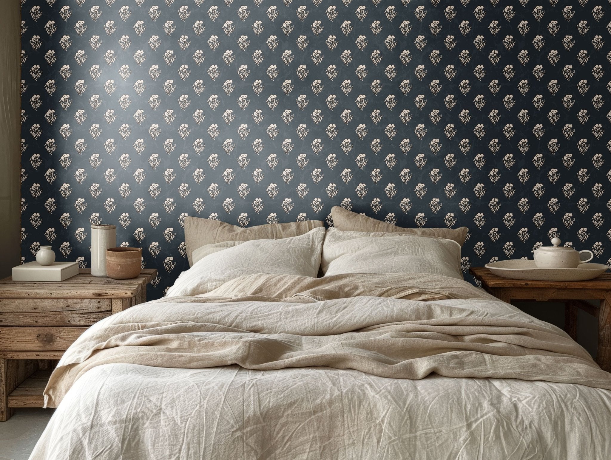 Minimalist bedroom with navy blue floral wallpaper, cream bedding, and wooden furniture for a timeless look