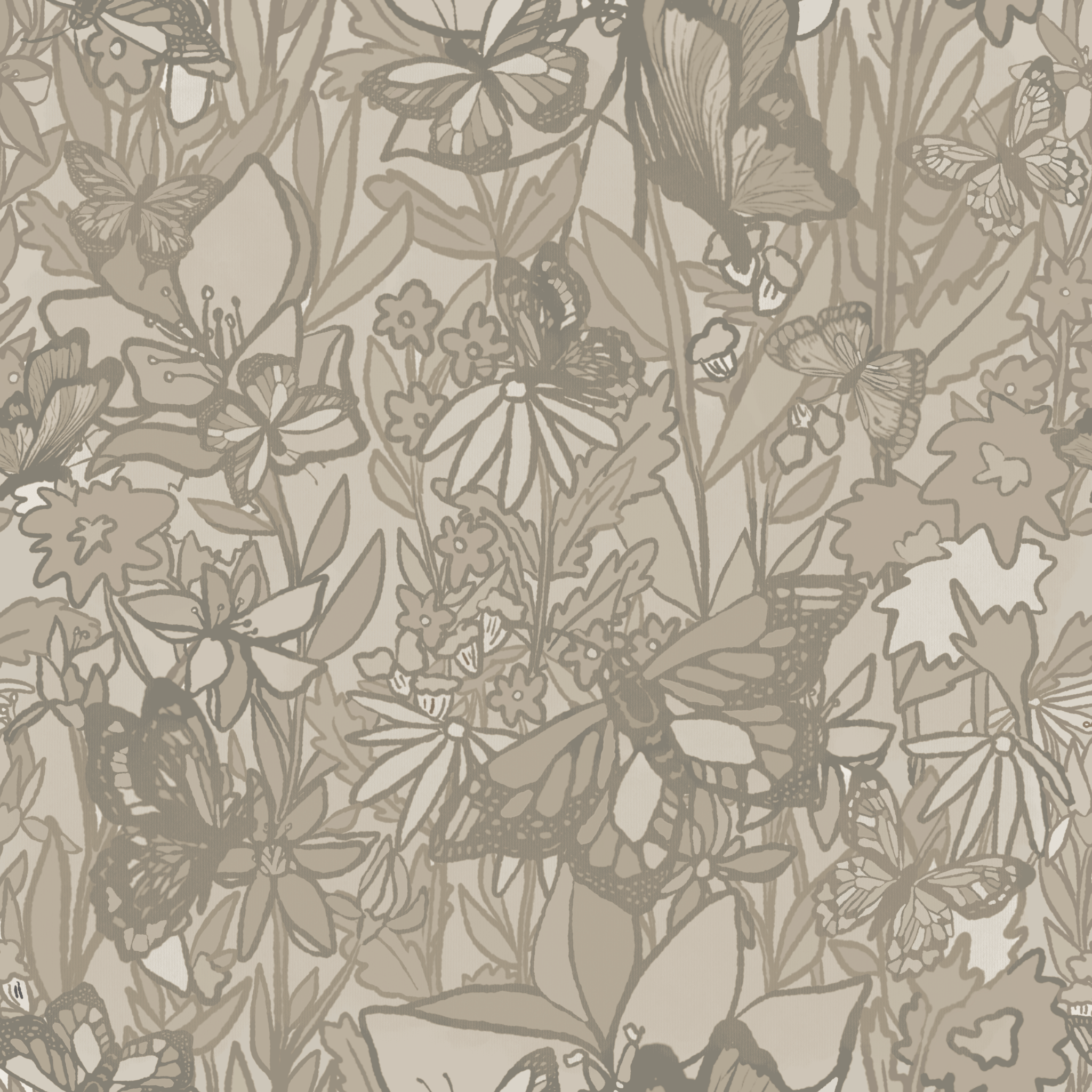 A close-up view of a wallpaper with a delicate pattern of butterflies and floral elements in neutral shades of gray and beige on a soft, light background.