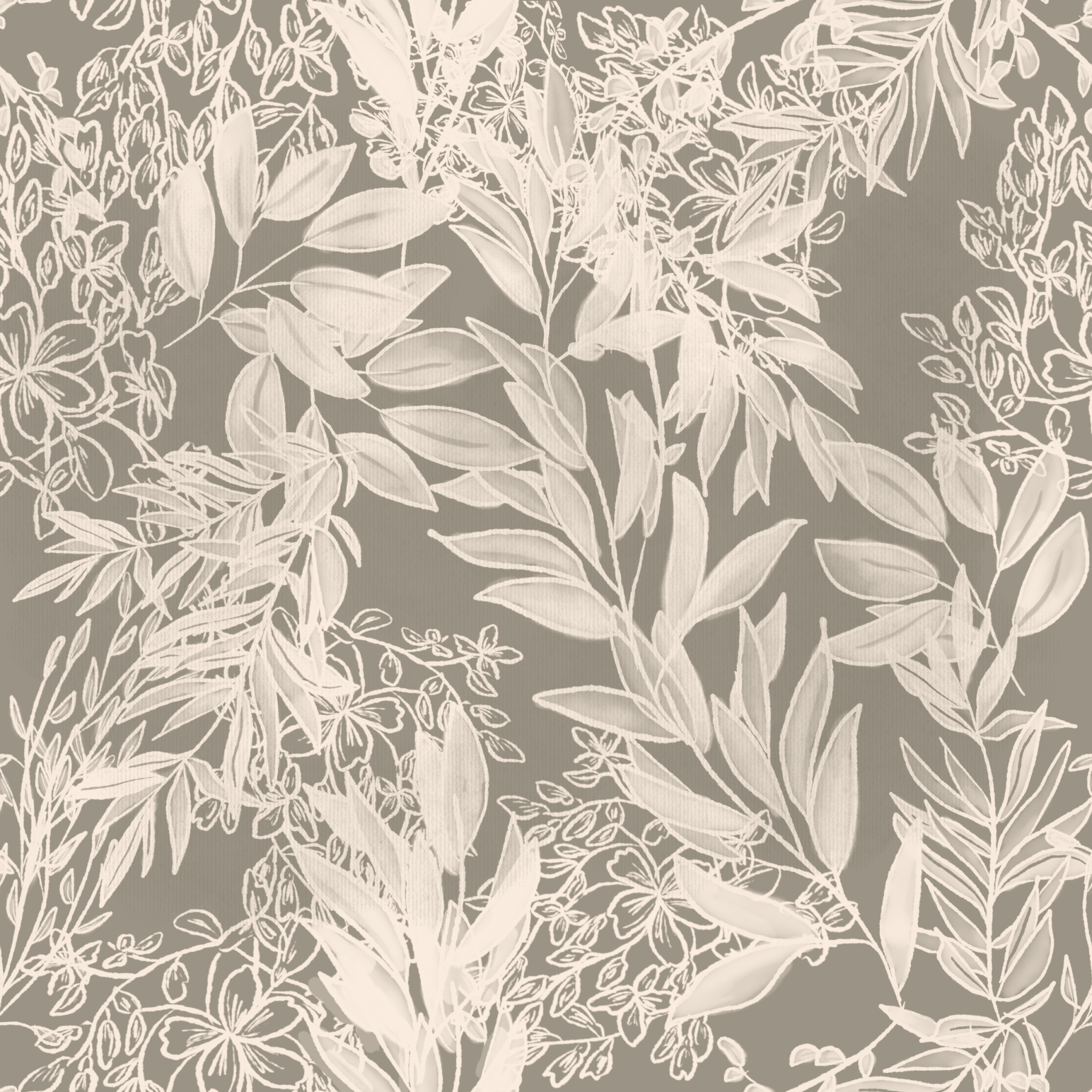 A monochromatic image displaying a close-up of a wallpaper with a leafy pattern in shades of light and dark gray on a cream background