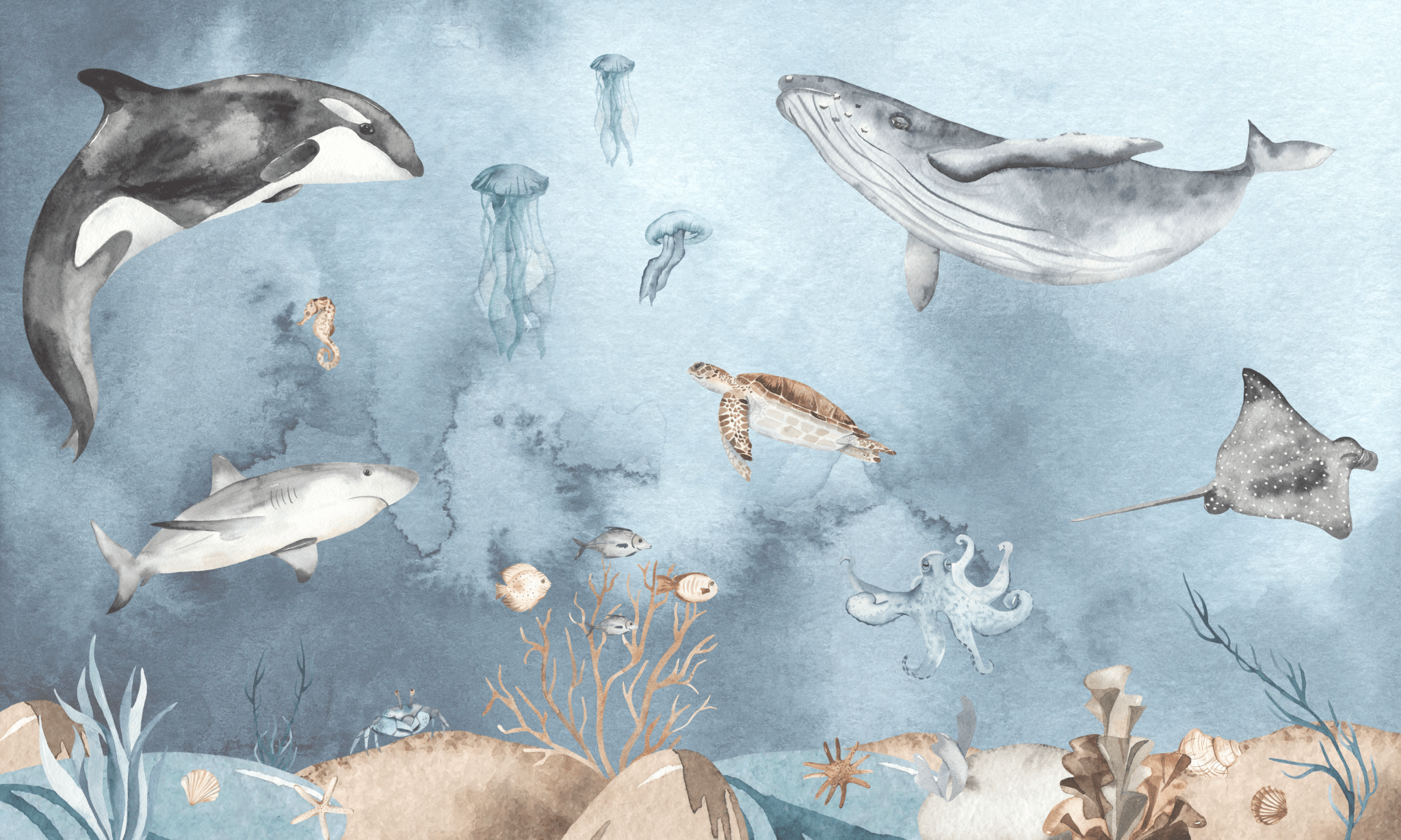 Ocean mural wallpaper designed for a child's room or nursery, showing a detailed and realistic sea life scene with creatures like orcas, whales, rays, and jellyfish, all set against a tranquil blue watercolor background. The mural offers a serene underwater world, perfect for a coastal-inspired kids' bedroom or a marine-themed play space.