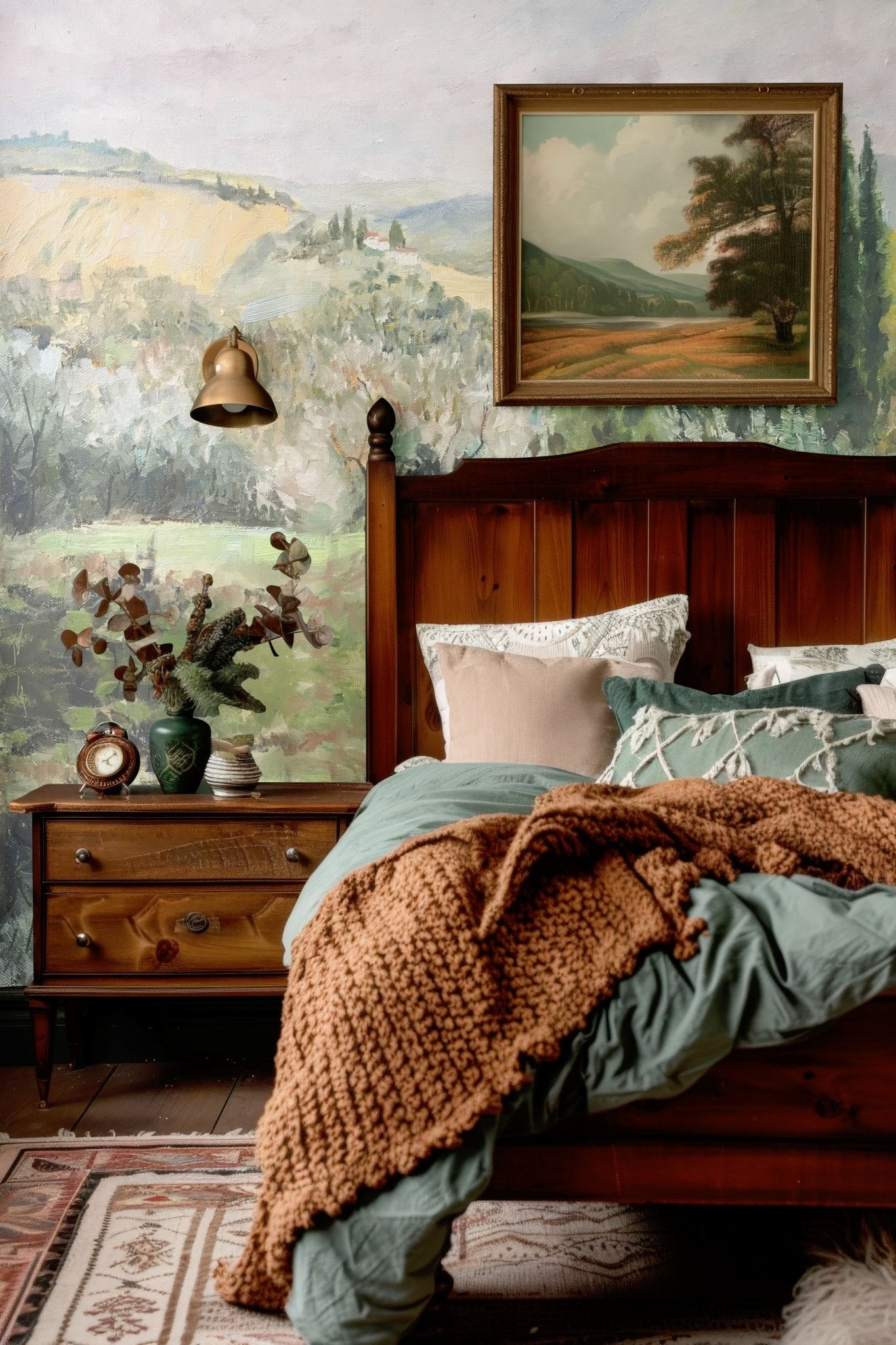 Oil Painting Landscape Wall Mural in a cozy cottage bedroom with wooden accents.