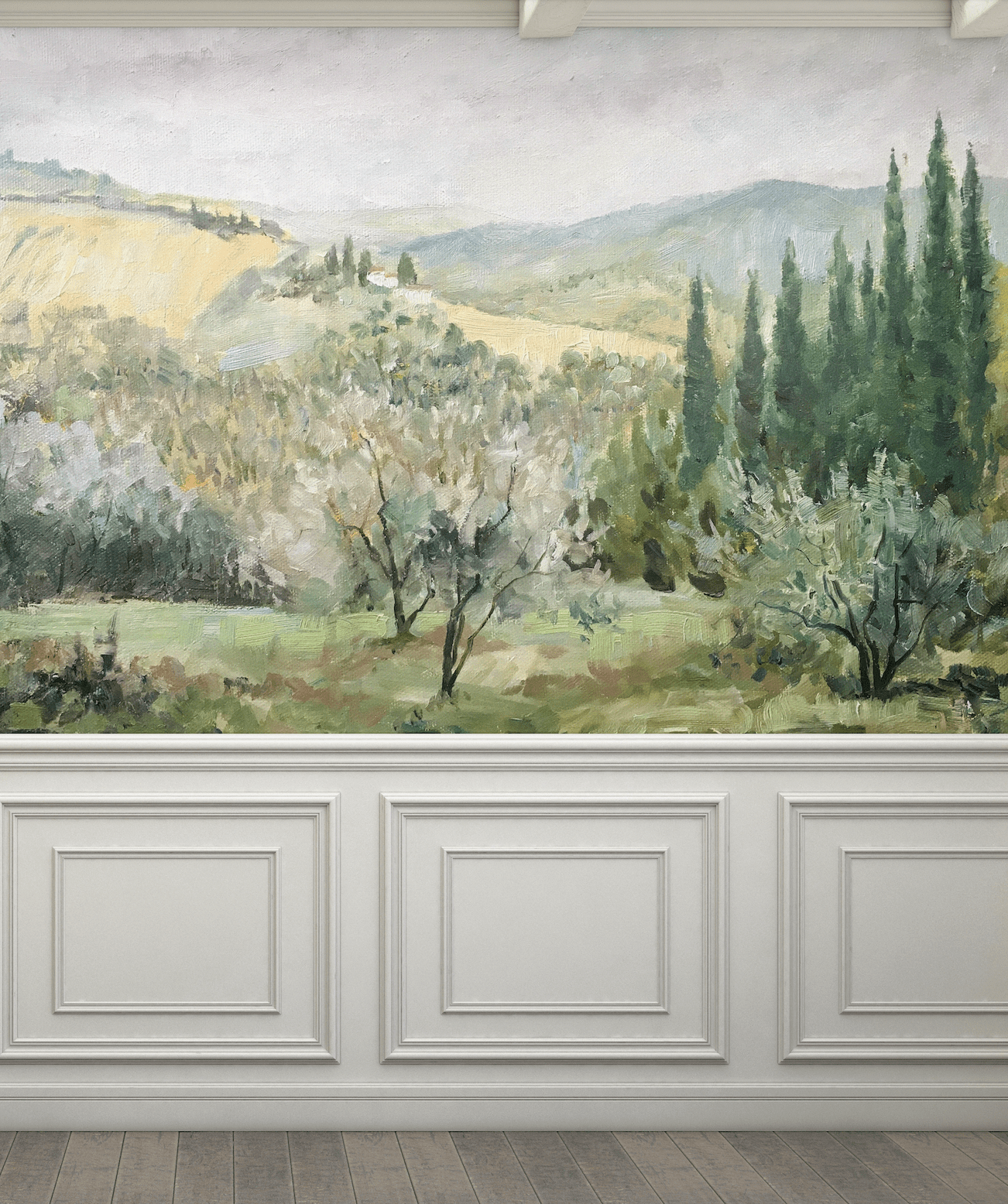 Cozy bedroom setting with Oil Painting Landscape Wall Mural showcasing green hills and cypress trees.