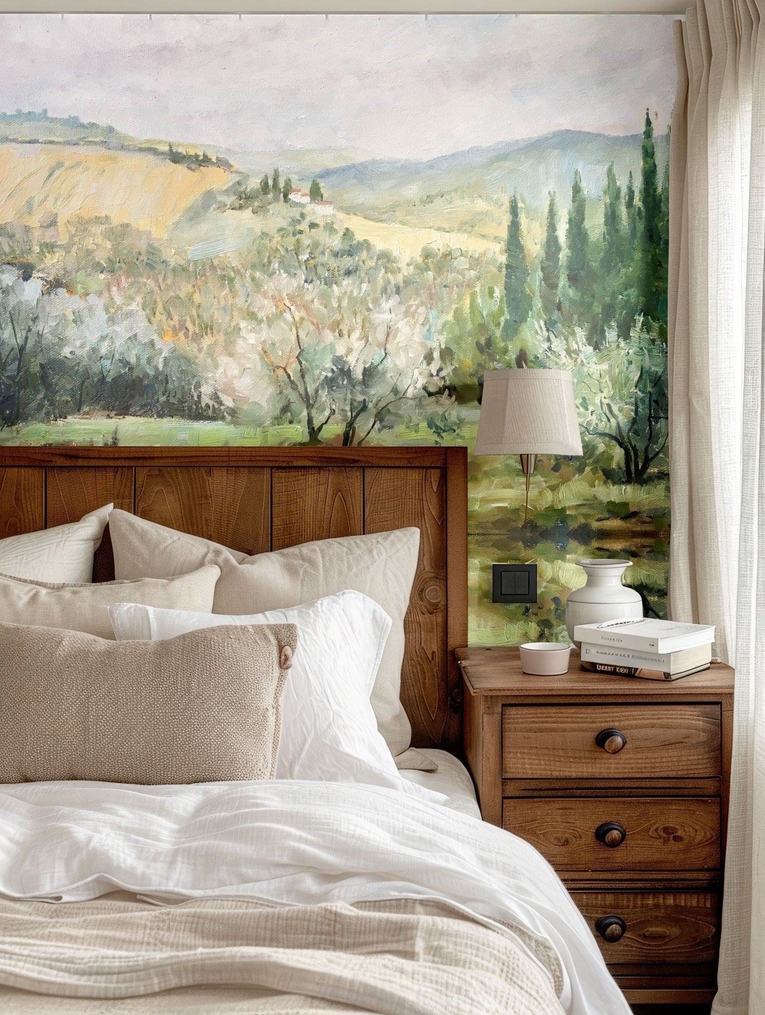 Farmhouse-style bedroom decor with a scenic landscape mural of rolling hills