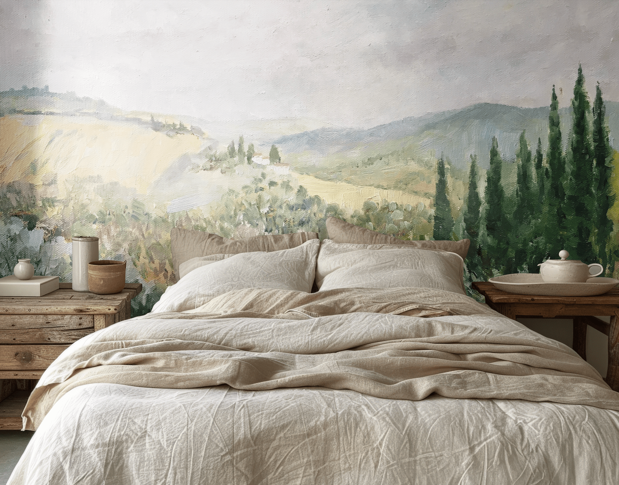 Vintage-inspired landscape mural on bedroom wall, adding warmth and rustic charm.