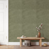 Wallpaper behind wooden bench and cotton stem decor – farmhouse hallway wallpaper, olive textured wall, earthy minimalist entryway