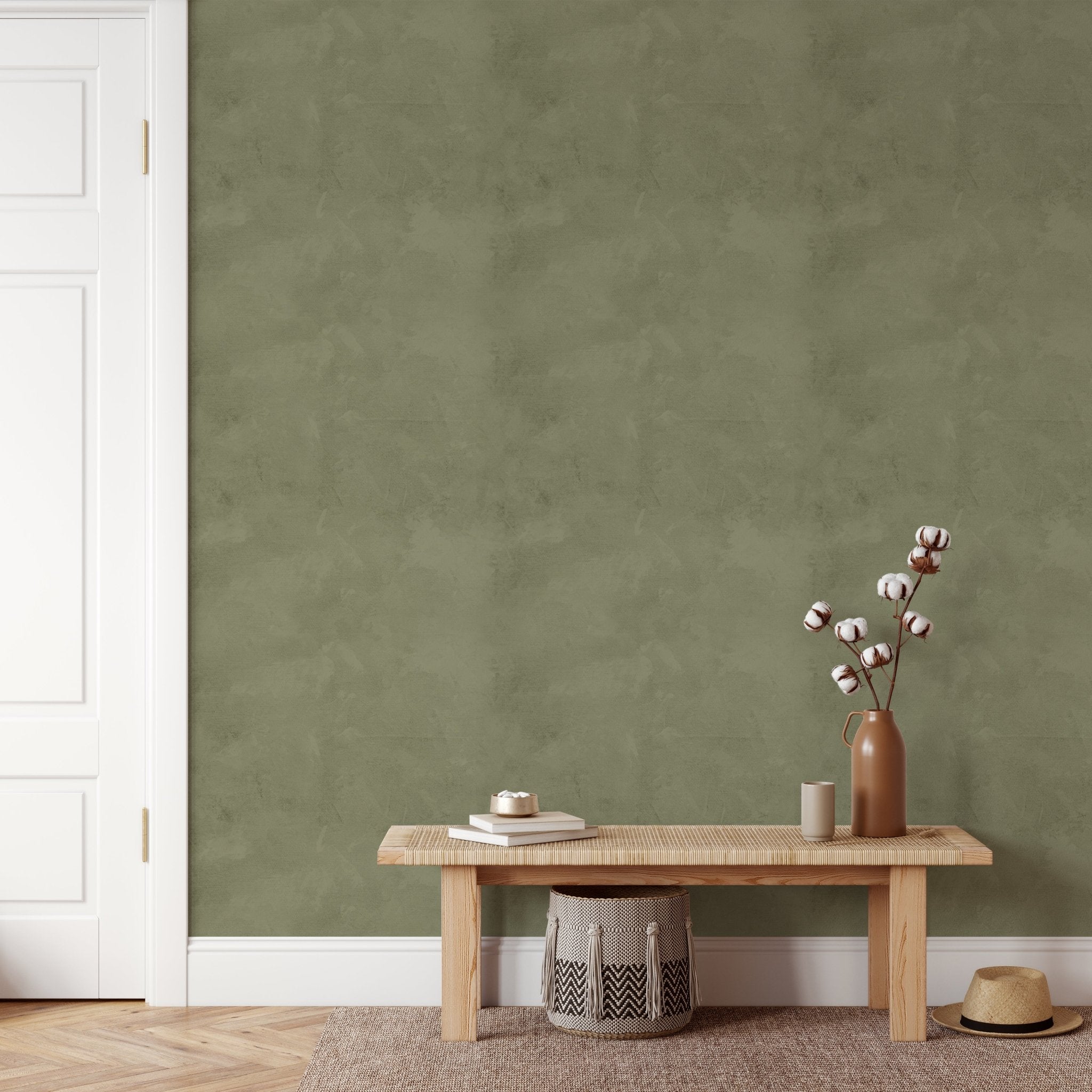 Wallpaper behind wooden bench and cotton stem decor – farmhouse hallway wallpaper, olive textured wall, earthy minimalist entryway