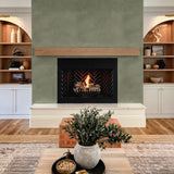 Wallpaper on fireplace feature wall with built-in shelving – olive green wallpaper fireplace, modern rustic wall decor, green limewash mural