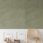 Wallpaper with wicker chair and pampas grass decor – boho green wallpaper, olive limewash accent wall, natural home style