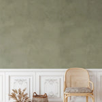 Wallpaper with wicker chair and pampas grass decor – boho green wallpaper, olive limewash accent wall, natural home style