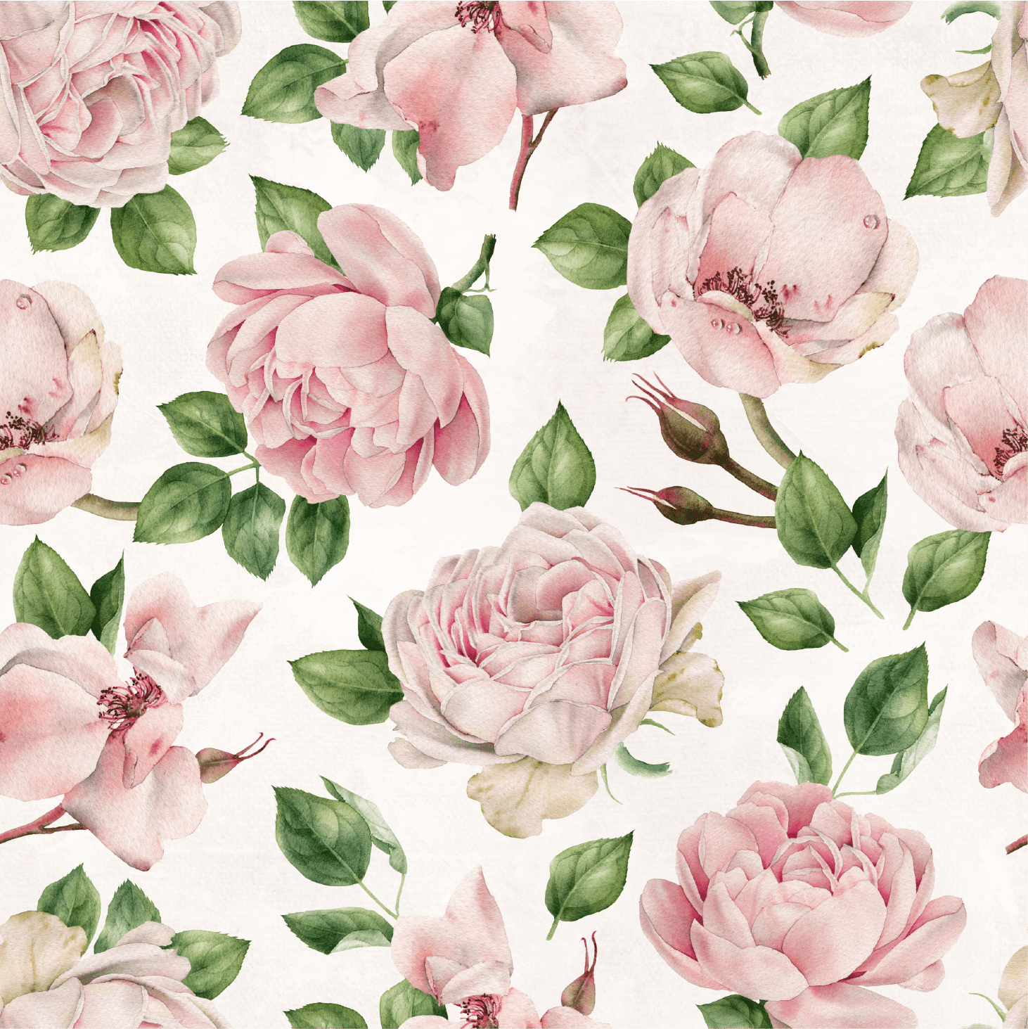 Close-up of pink rose-patterned wallpaper with delicate watercolor-style roses and green leaves on a light background. The elegant floral design brings a soft, charming aesthetic, perfect for adding a touch of nature to any space.