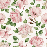 Close-up of pink rose-patterned wallpaper with delicate watercolor-style roses and green leaves on a light background. The elegant floral design brings a soft, charming aesthetic, perfect for adding a touch of nature to any space.