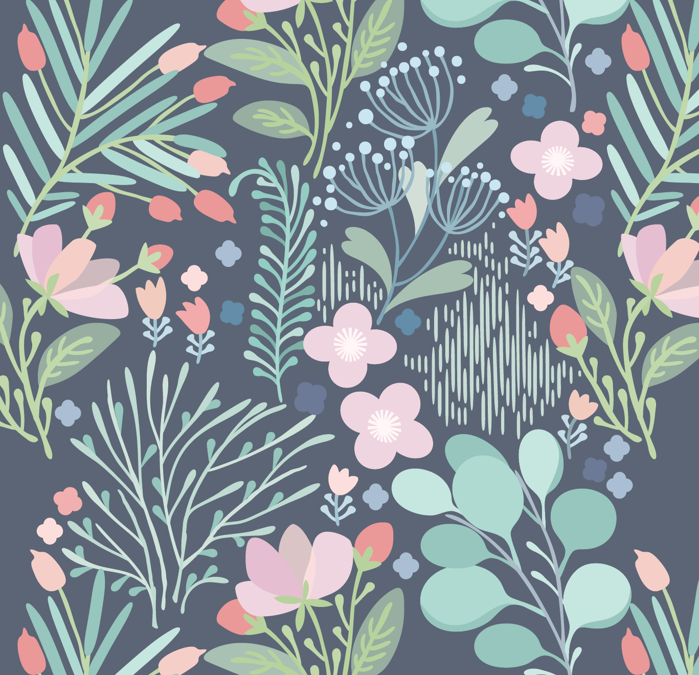 Pattern of blue floral wallpaper with a variety of pastel-colored flowers and leaves, including pink, light blue, and mint green, set against a dark blue background
