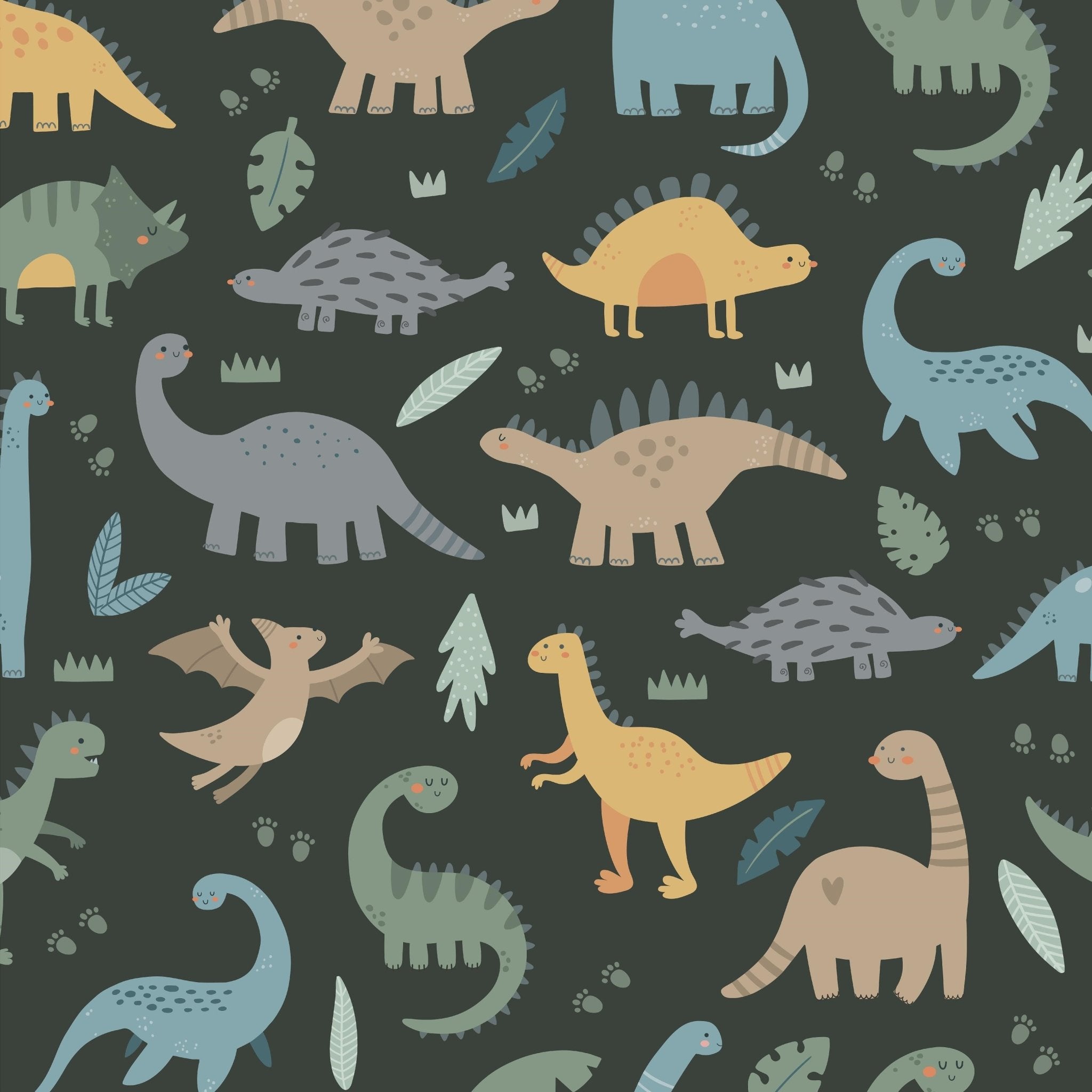 Close-up of playful dinosaur characters on Prehistoric Pals wallpaper