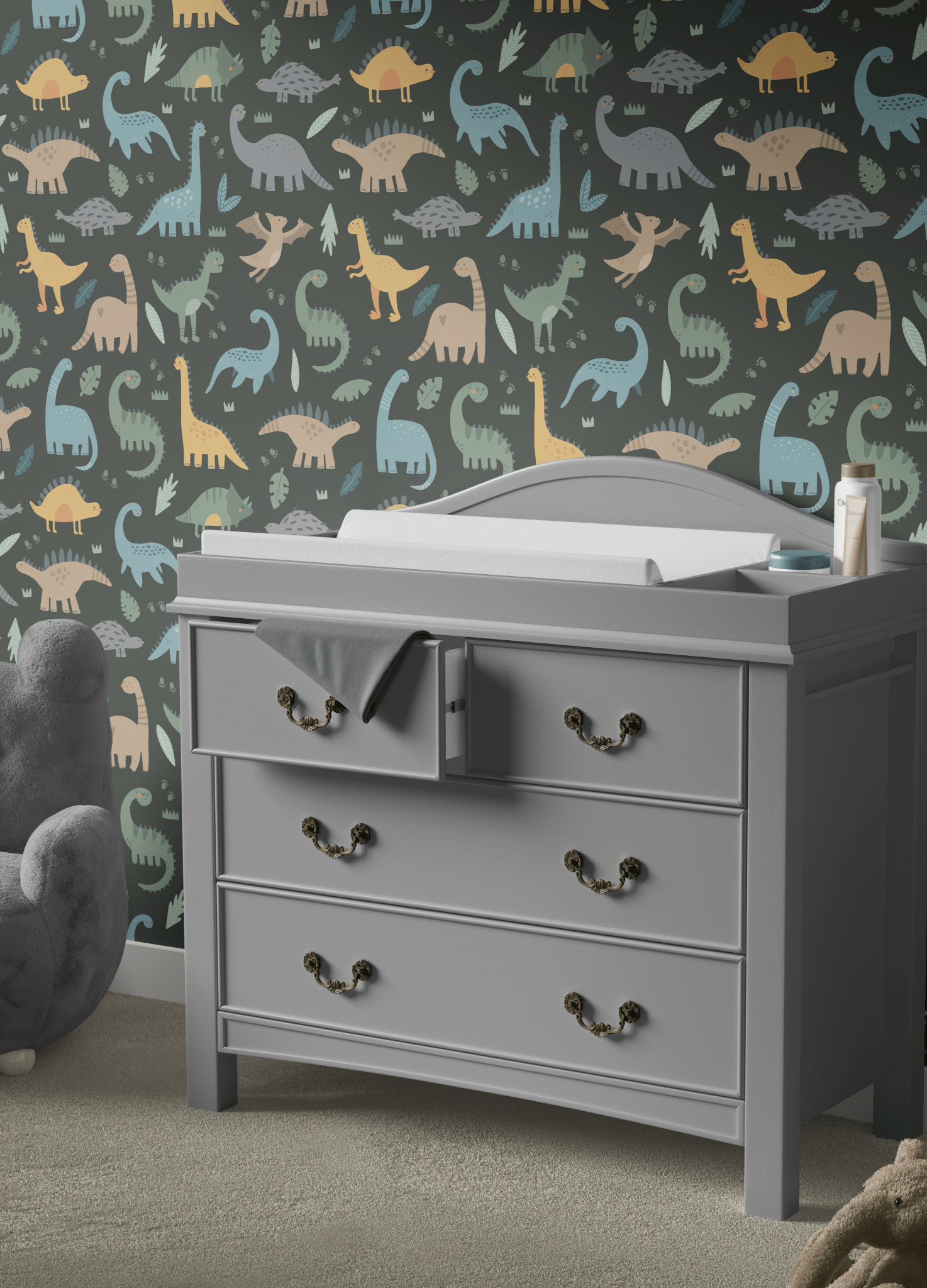 Dinosaur-themed wall decor in a child's room with Prehistoric Pals wallpaper in neutral colors