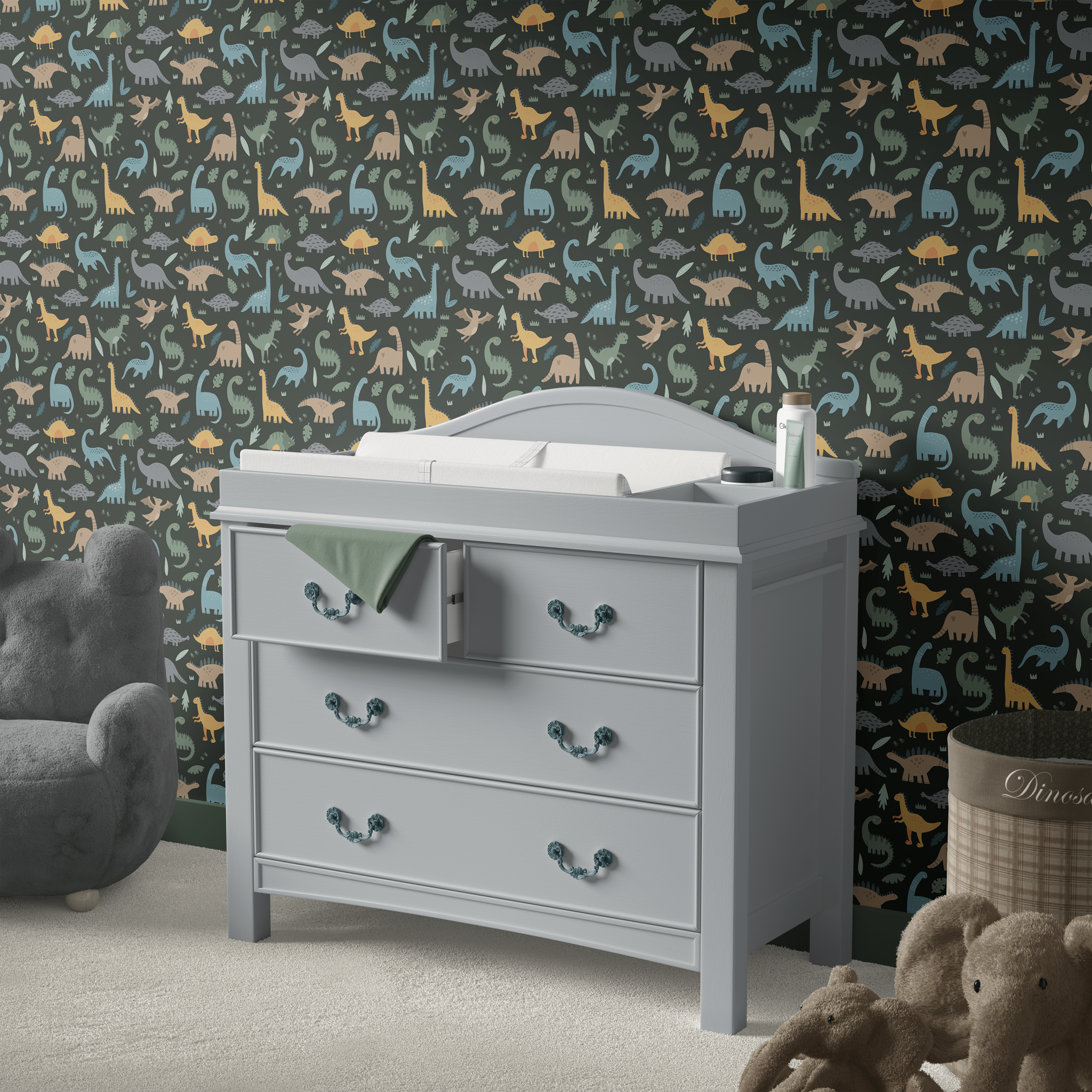 Colorful Prehistoric Pals Dinosaur Wallpaper in kids room with changing table