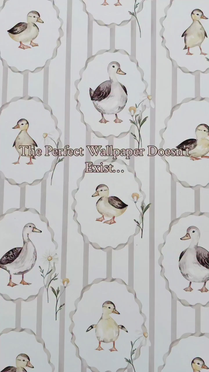 Different ducklings with stripes on wallpaper with a brown paint swatch. 