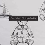 Say hello to Vintage Teddy wallpaper. This wallpaper has a white background with vintage teddys, sailboats, and rocking horses. 