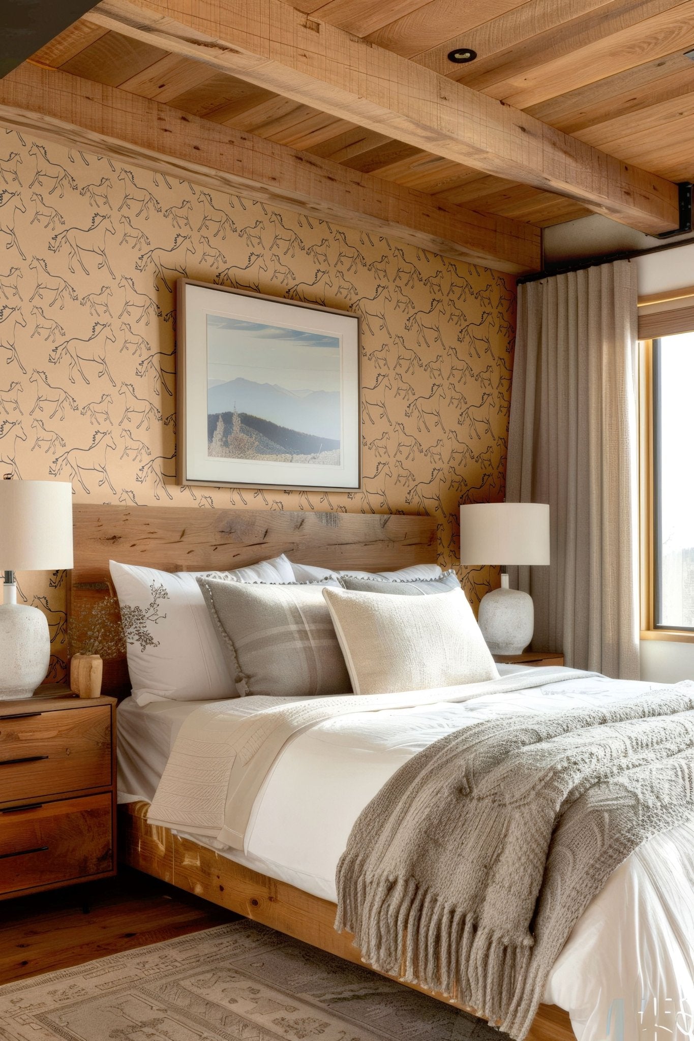 Rustic bedroom with Racing Pony wallpaper, wooden ceiling, and neutral decor.