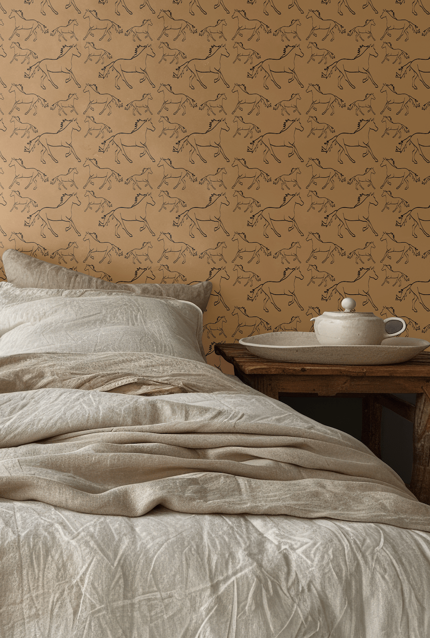 Cozy bedroom featuring Racing Pony wallpaper and soft beige bedding.