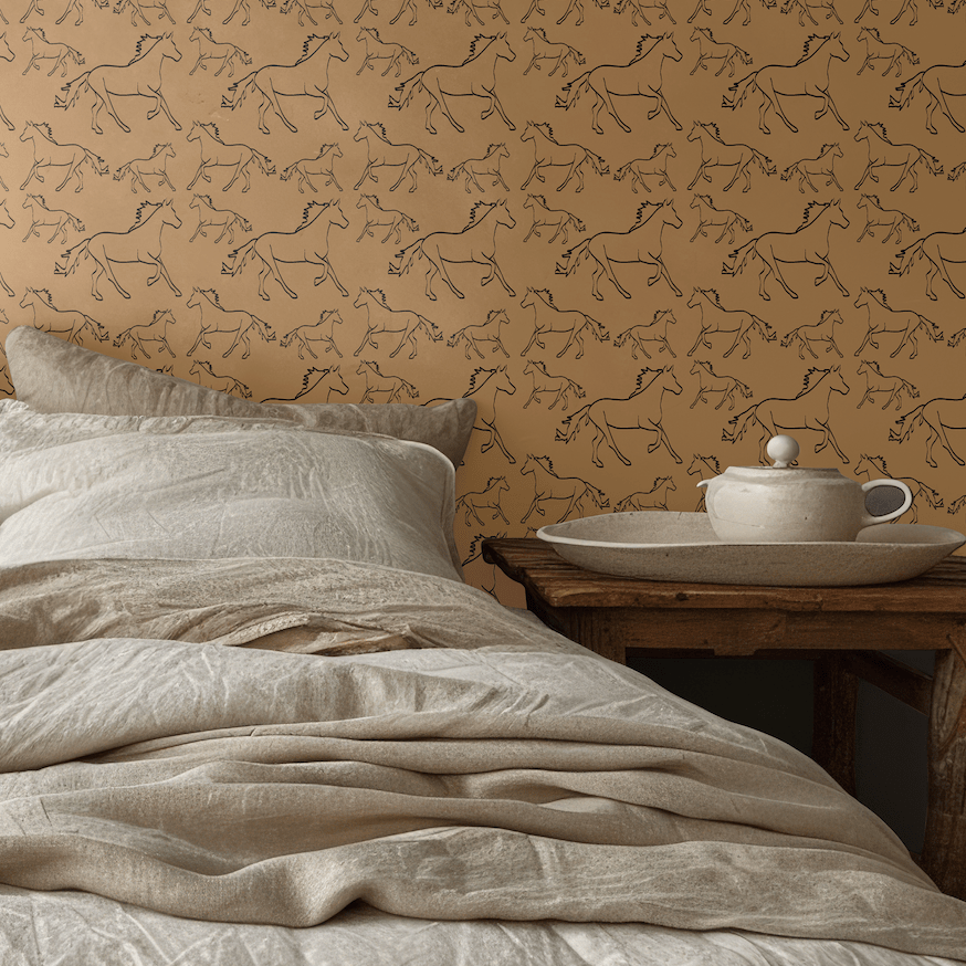 Cozy bedroom featuring Racing Pony wallpaper and soft beige bedding.