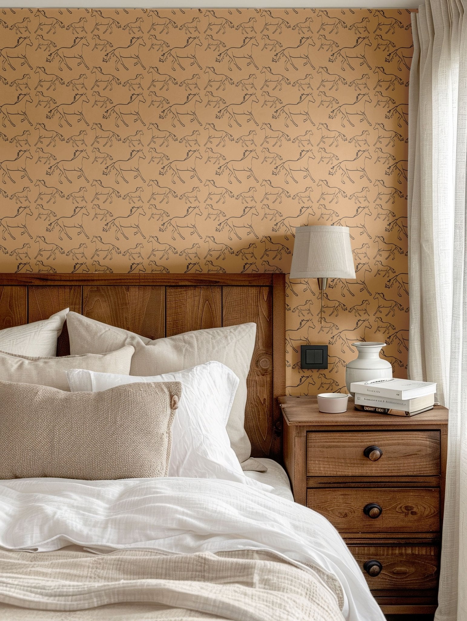 Warm-toned bedroom with Racing Pony wallpaper, wooden headboard, and beige bedding