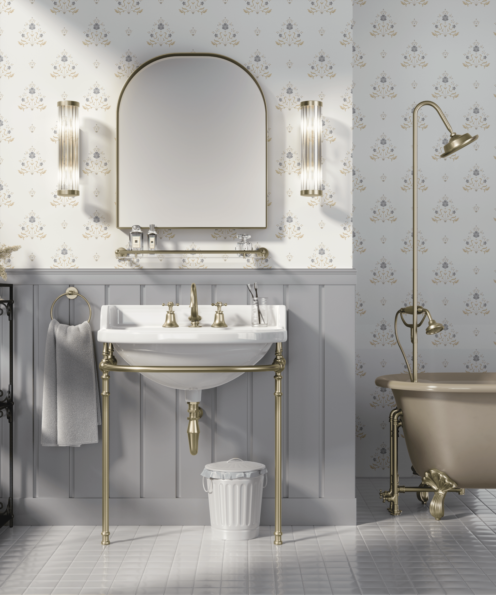 Traditional bathroom with regal floral wallpaper in blue and gold patterns, featuring a vintage sink with brass fixtures, a matching bathtub, and elegant lighting