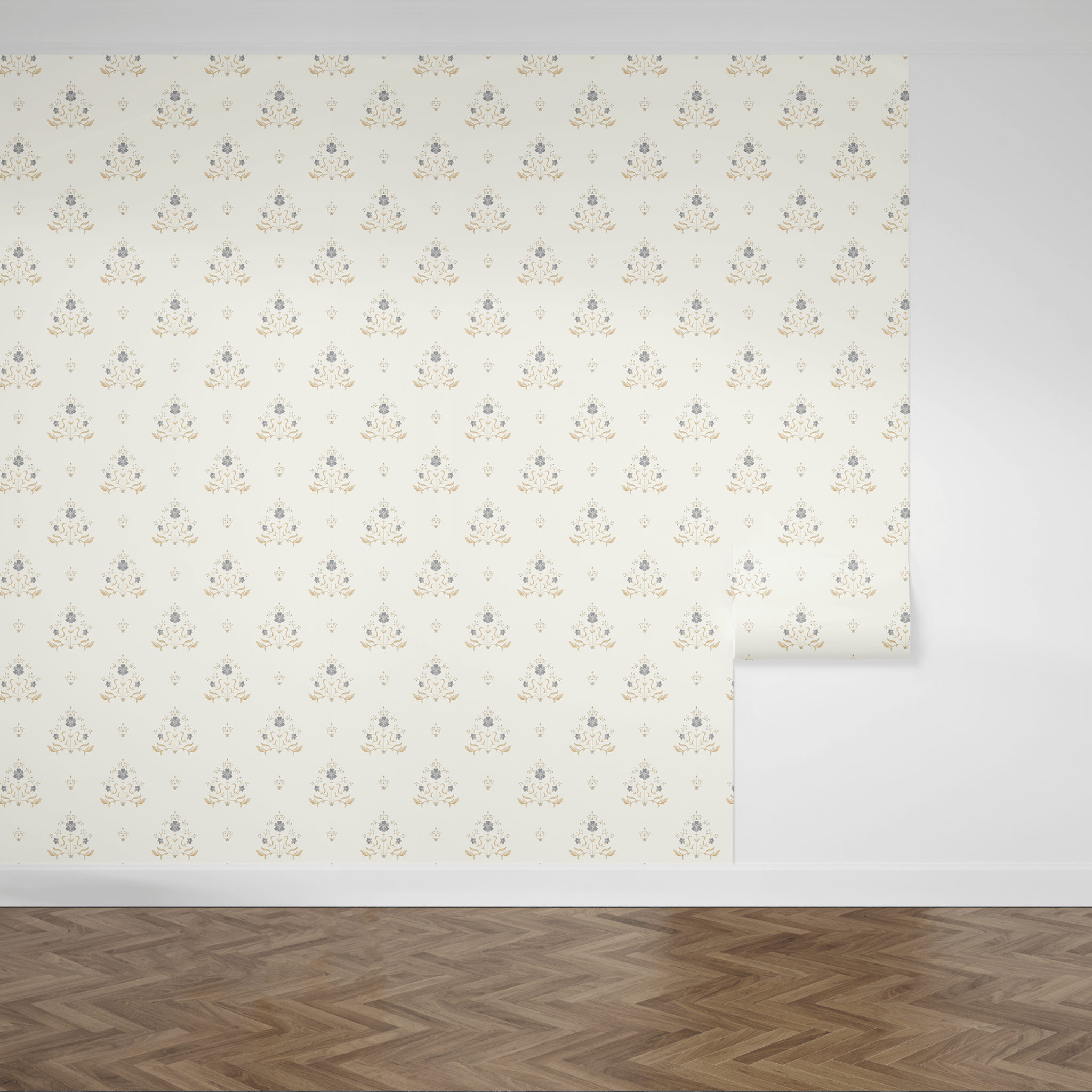 Partial view of a room with royal-style regal floral wallpaper in blue and gold patterns, showcasing the wallpaper application process on a white wall with wooden flooring
