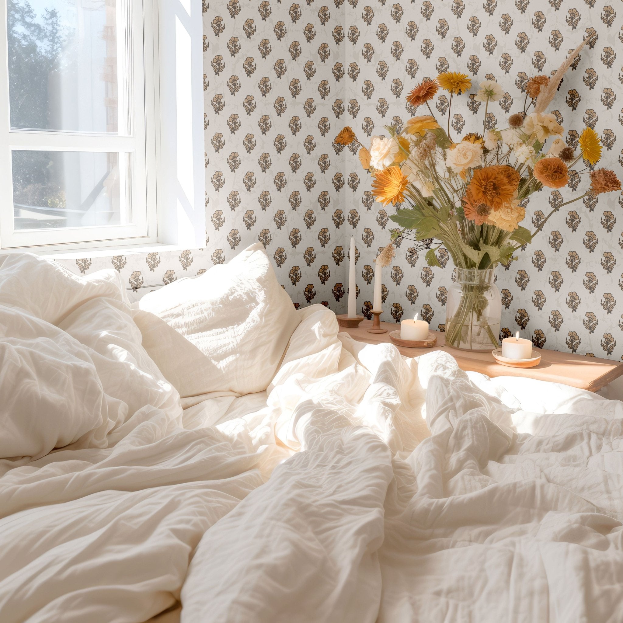 Sunlit bedroom corner with Regencycore floral wallpaper and soft linens.