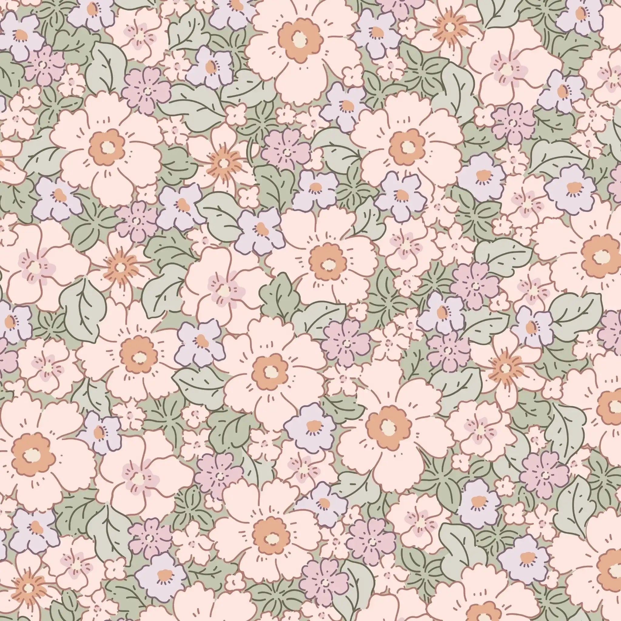 Seamless vintage floral wallpaper pattern with pink, lavender, and sage green flowers in a repeating botanical design