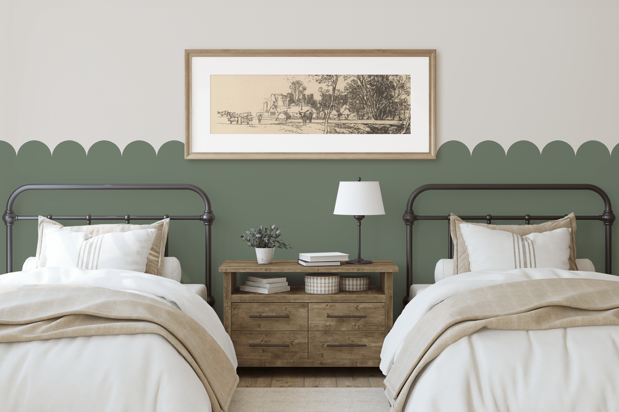 Twin bedroom featuring sage green scallop decals along the wall, adding a modern yet classic touch.