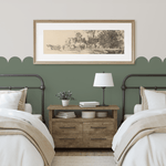 Twin bedroom featuring sage green scallop decals along the wall, adding a modern yet classic touch.