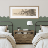 Twin bedroom featuring sage green scallop decals along the wall, adding a modern yet classic touch.