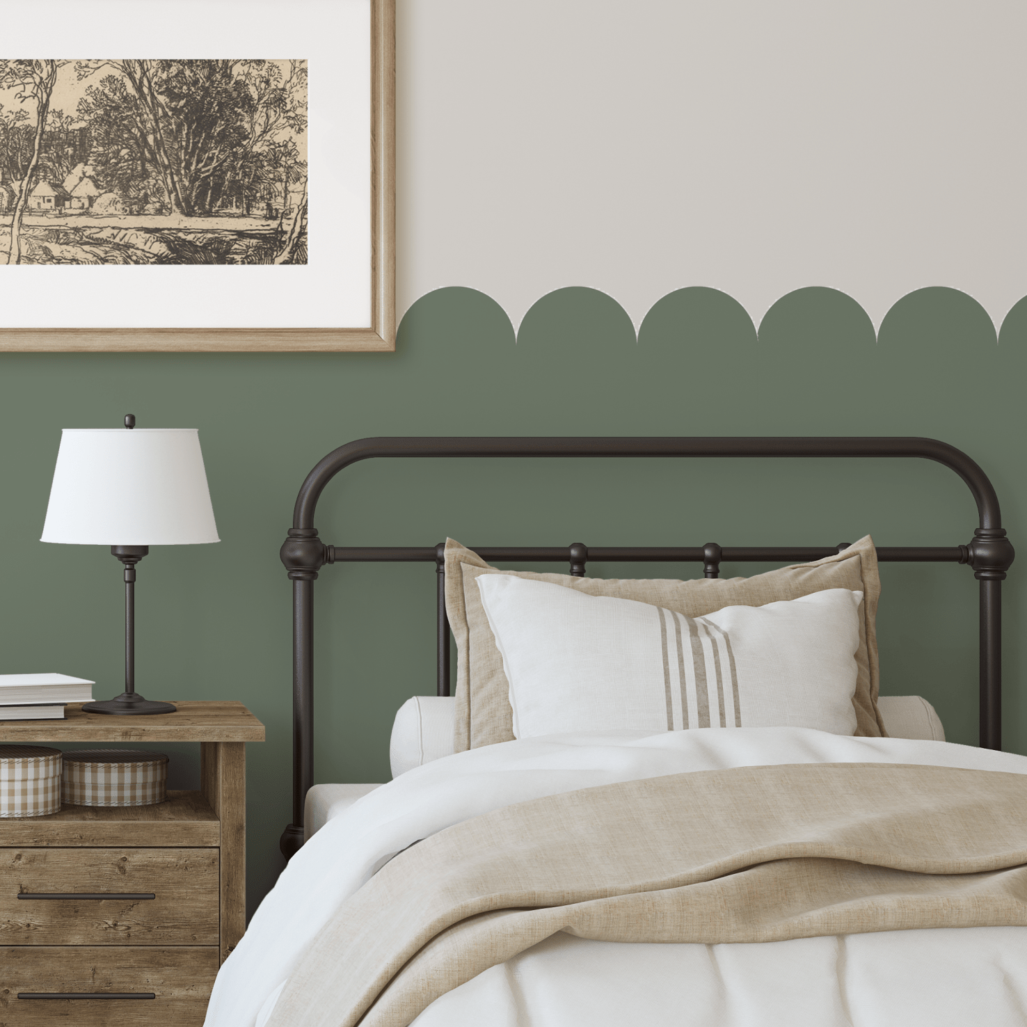 Green scallop wall decals creating a cozy half-wall effect in a farmhouse bedroom.