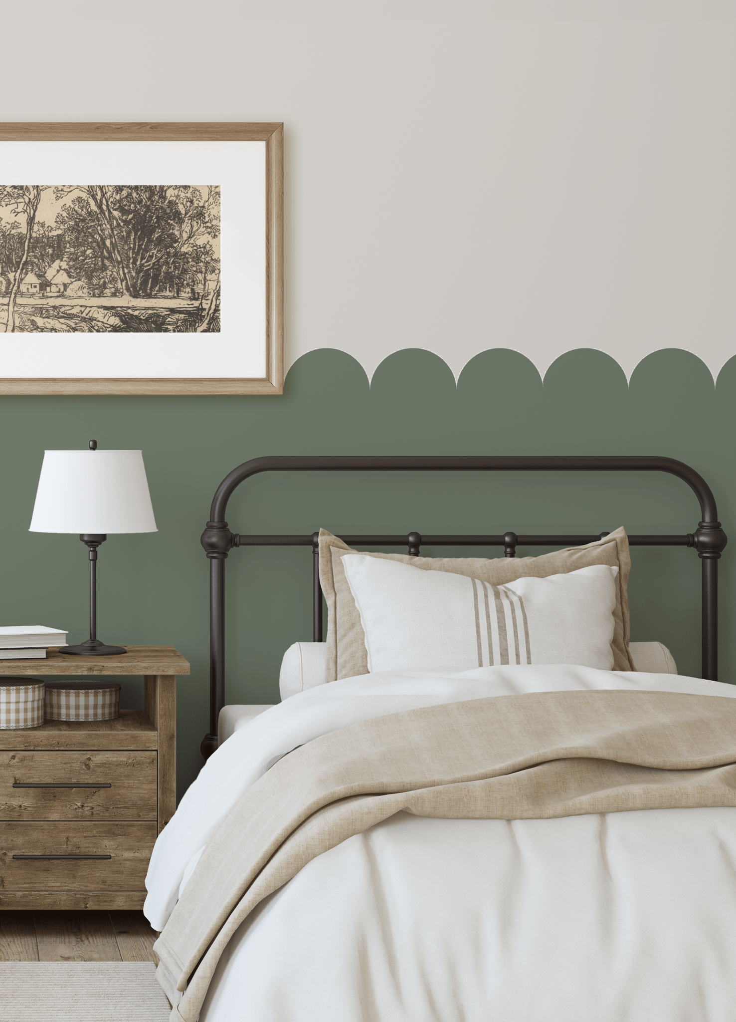 Green scallop wall decals creating a cozy half-wall effect in a farmhouse bedroom.