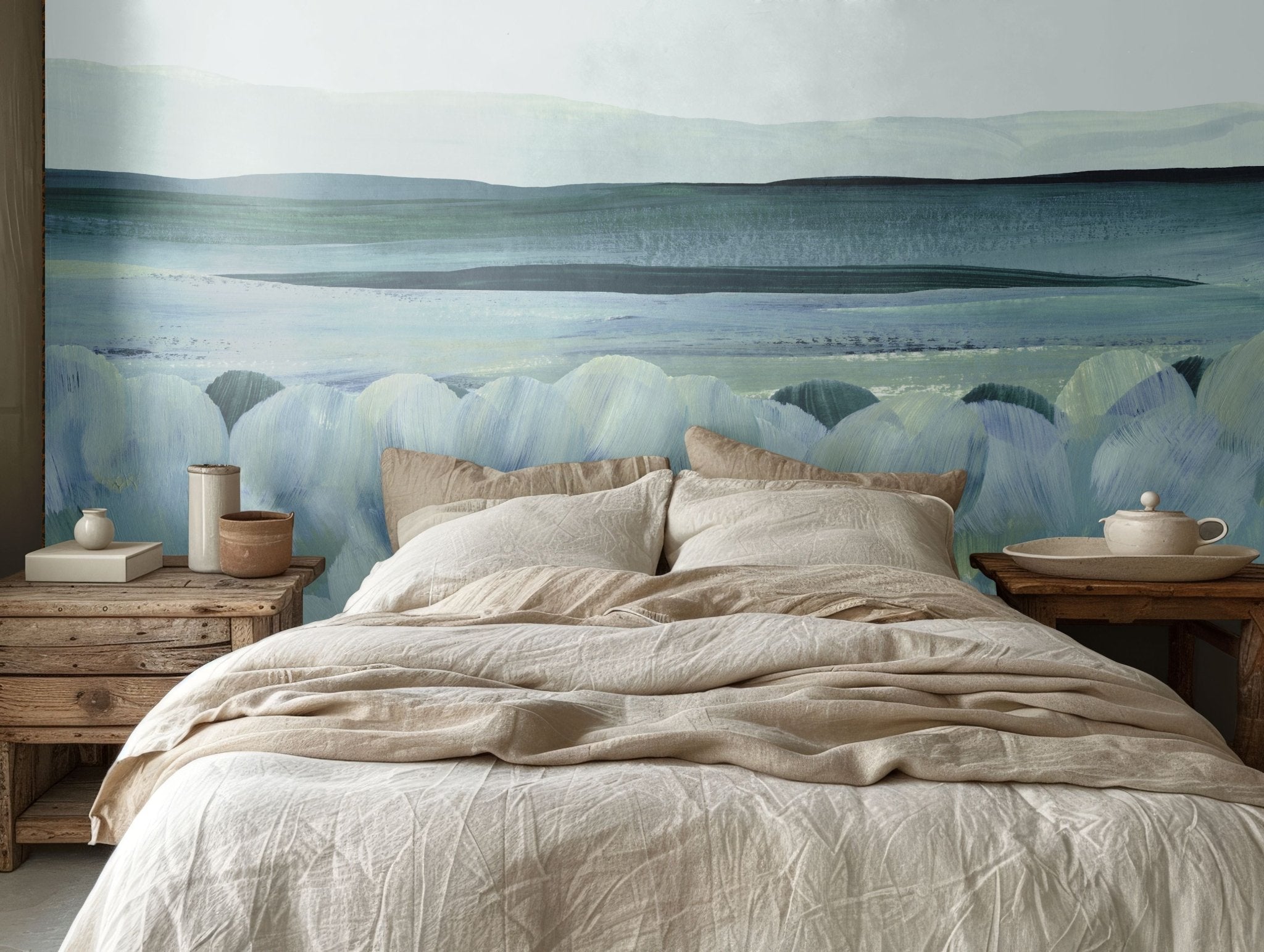 Tranquil blue water-inspired mural in a nature-themed bedroom with natural wood nightstands.