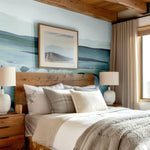 Scenic Landscape Mural in a cozy bedroom with wooden beams and soft neutral bedding