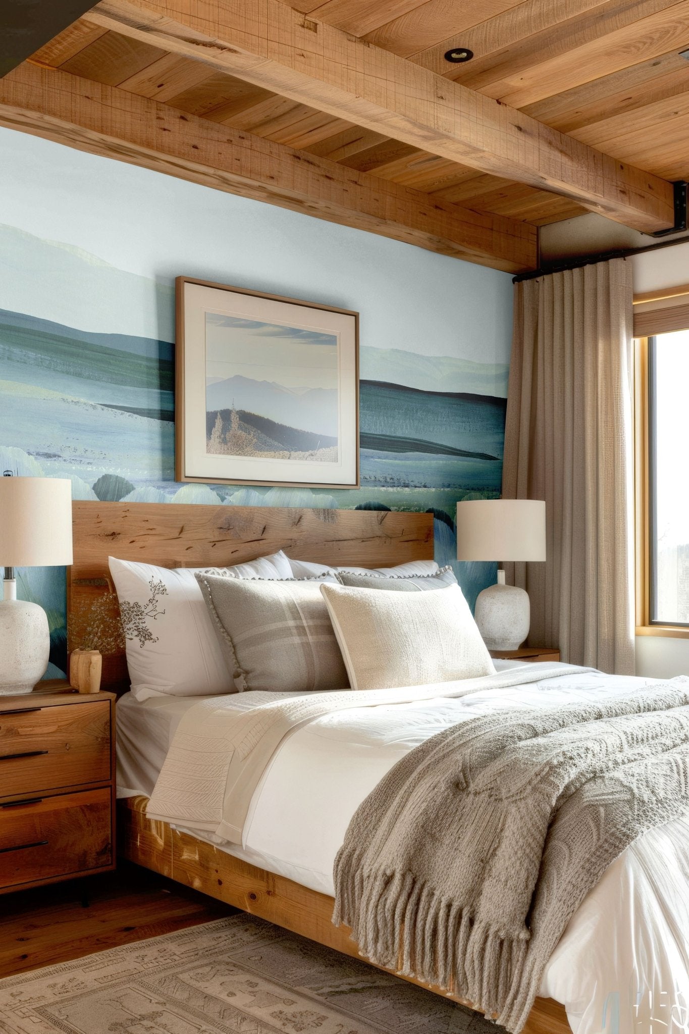 Scenic Landscape Mural in a cozy bedroom with wooden beams and soft neutral bedding