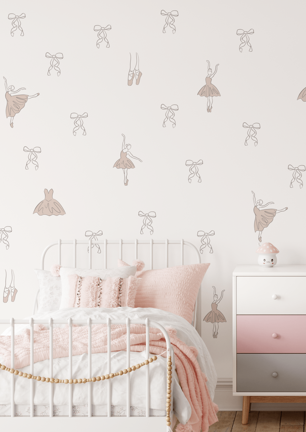 Set of outline ballerina wall stickers arranged on a light-colored wall for a graceful decor.