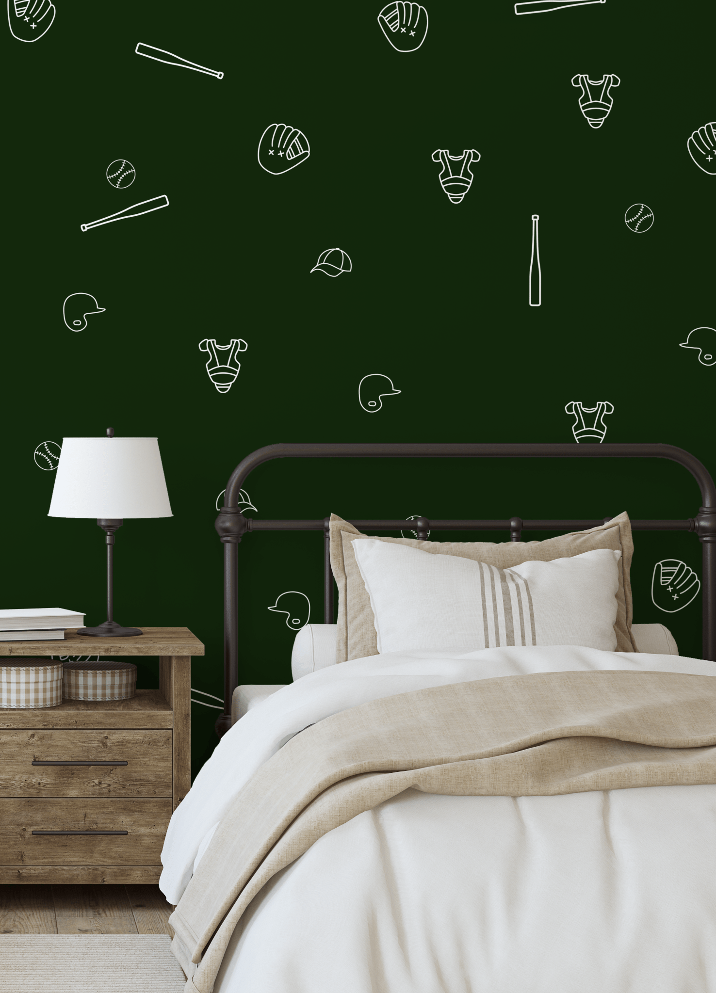 Dark green wall with white baseball outline decals, adding a sporty touch to a modern farmhouse-style bedroom.