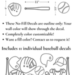 Close-up of the decal sizes for baseball gloves, bats, balls, and hats with customizable colors