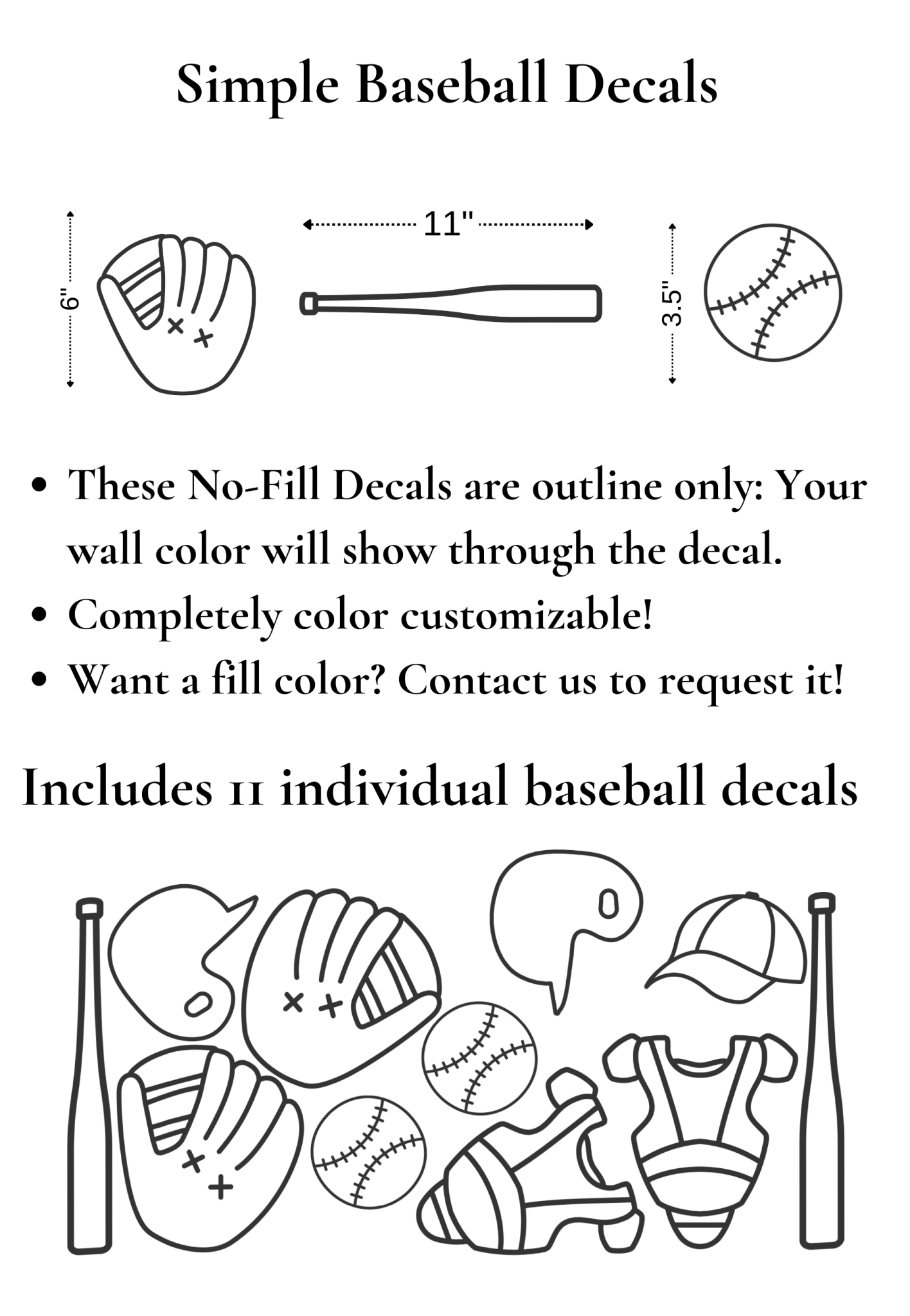 Close-up of the decal sizes for baseball gloves, bats, balls, and hats with customizable colors