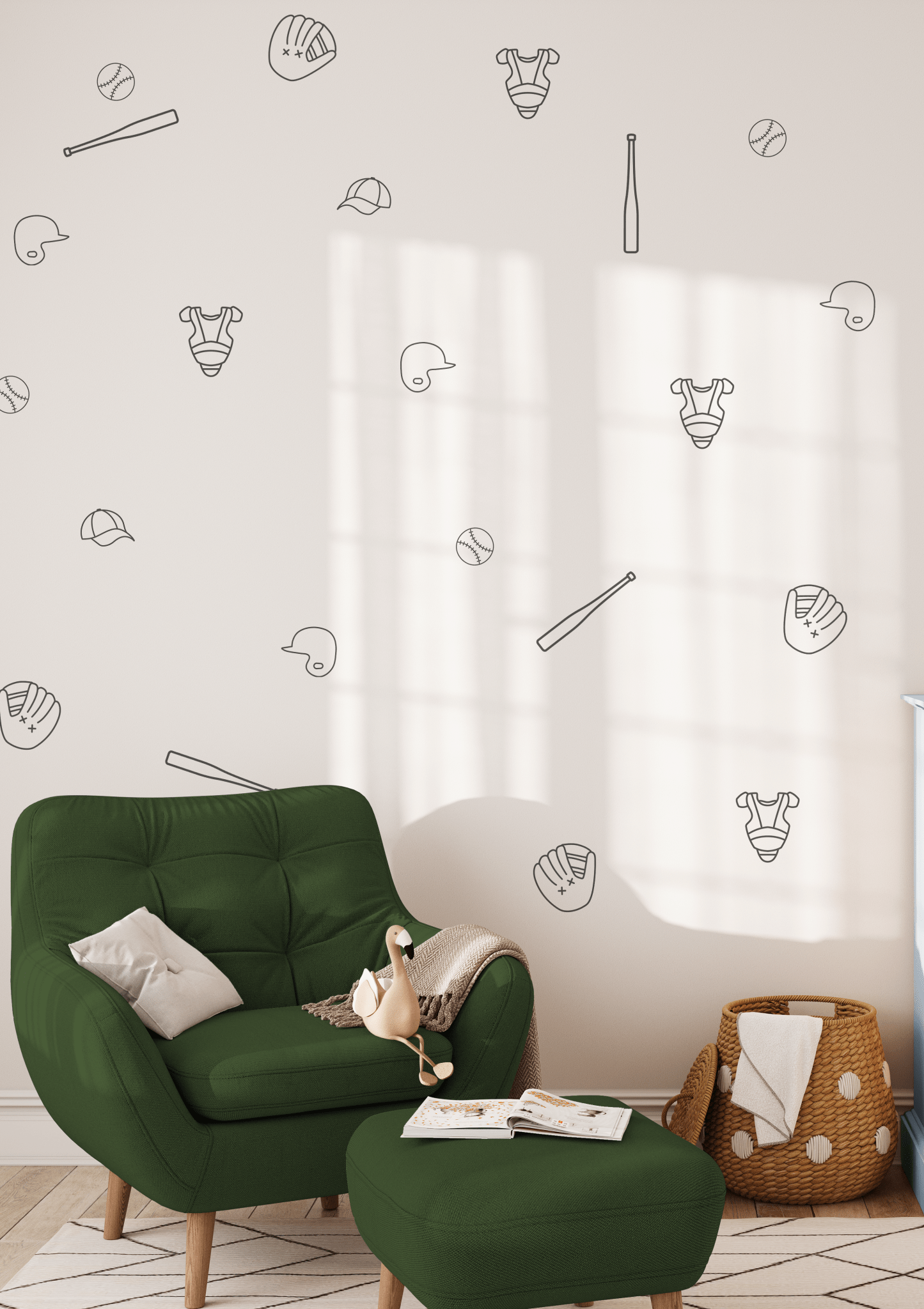 White background with outline baseball decals of gloves, bats, balls, and hats, styled in a cozy boys' bedroom.