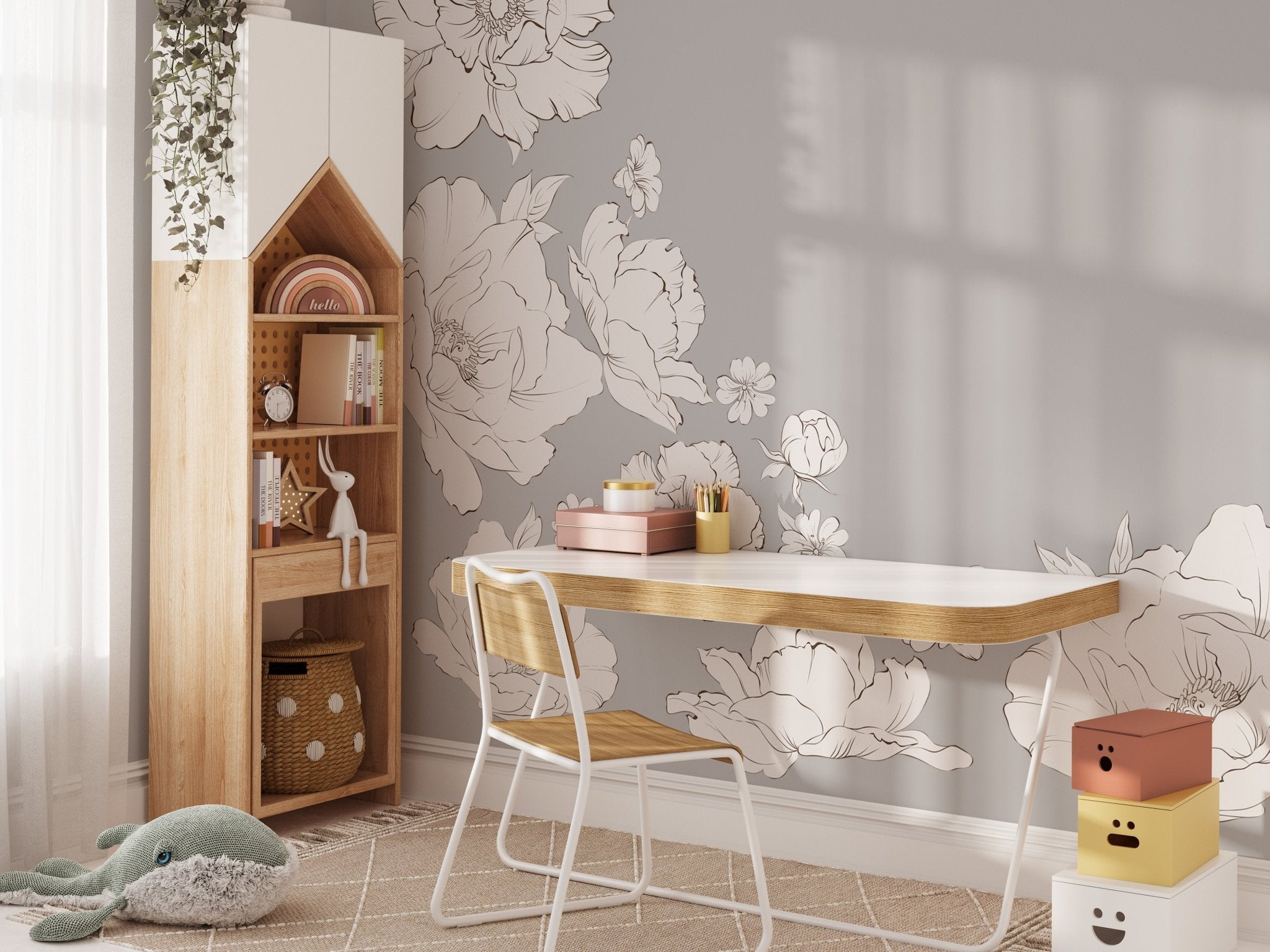 Trendy kids' study area featuring a desk and bookshelf with large peony wall decals in a neutral color palette. The removable floral decals bring a playful yet sophisticated touch to the functional workspace
