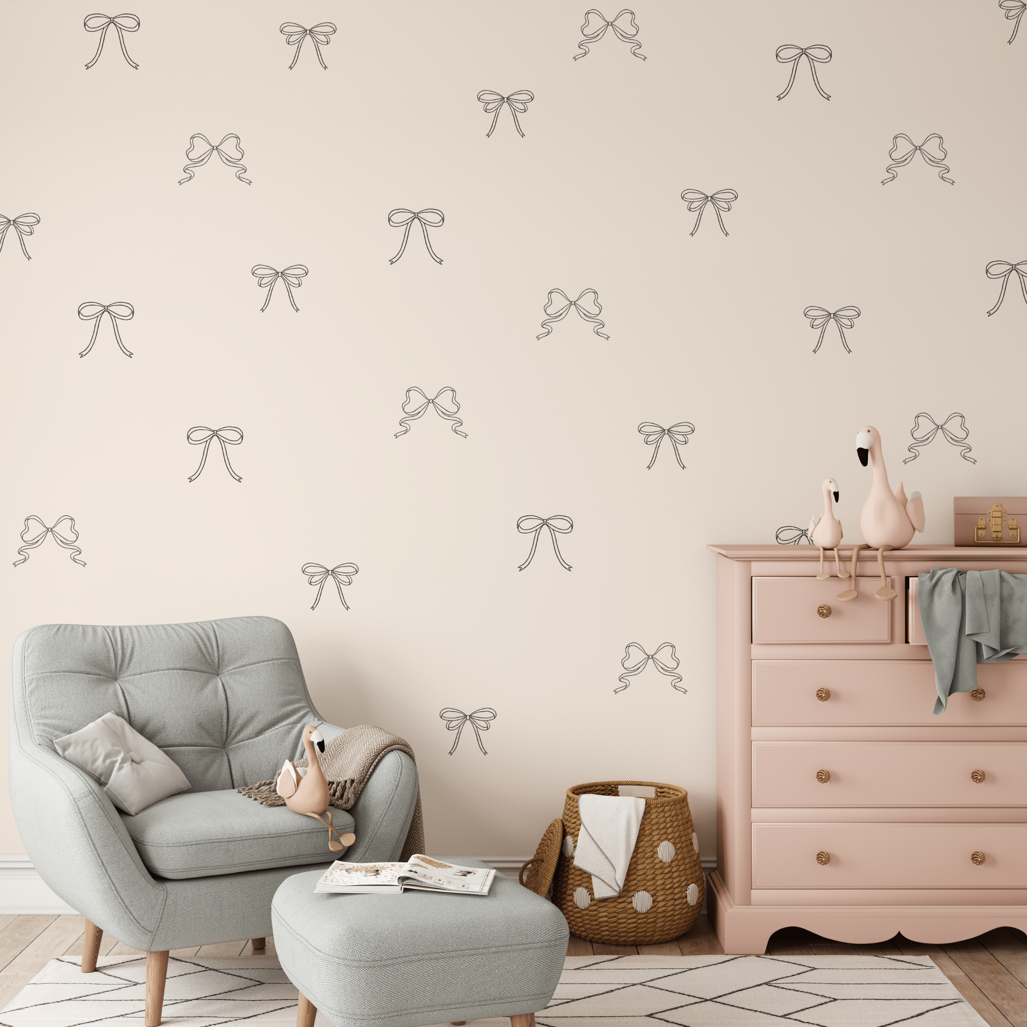 Neutral outline Bow Decals styled in a nursery with modern and cozy furnishings