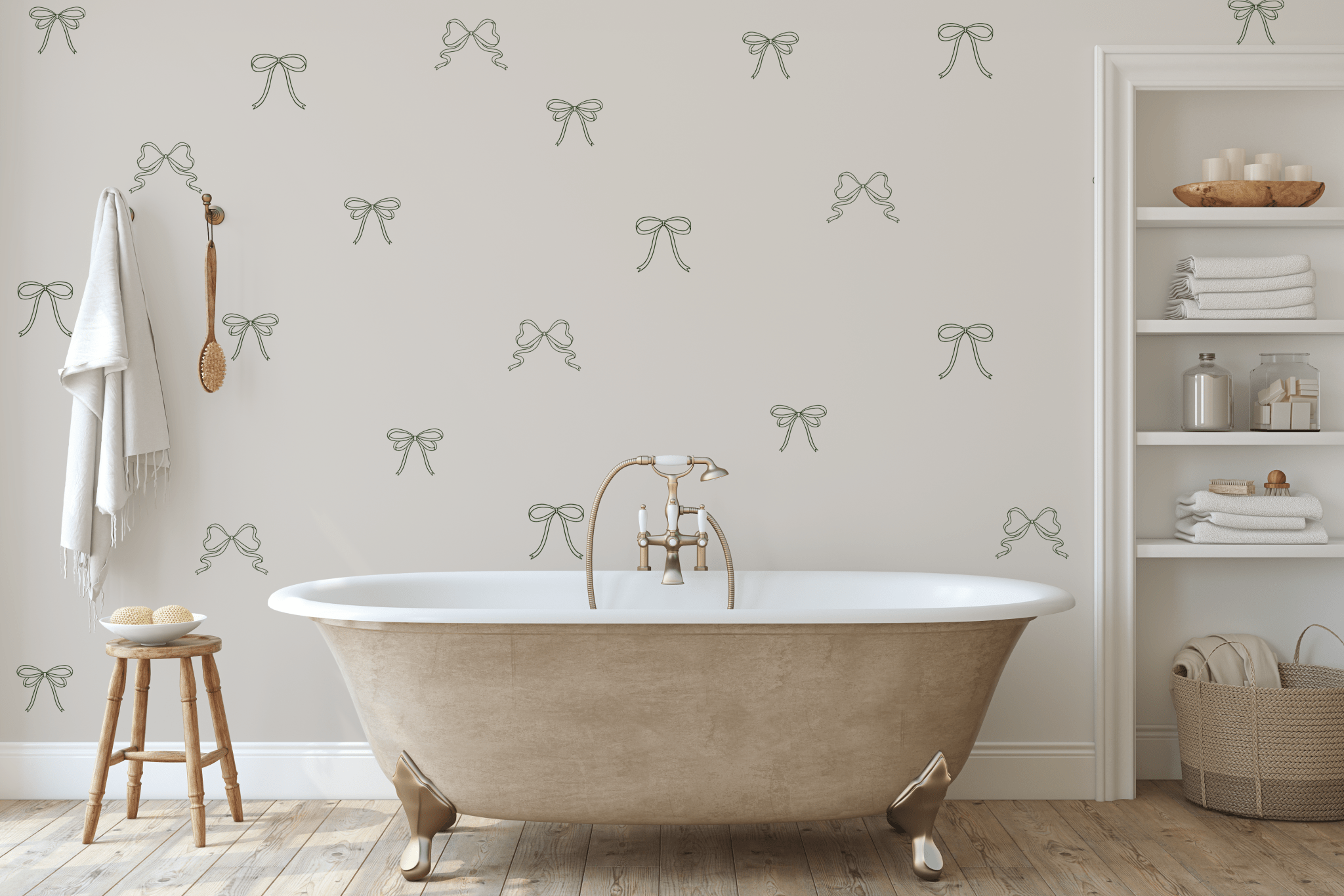 Simple Bow Wall Decals in green outline applied to a bathroom wall above a vintage bathtub