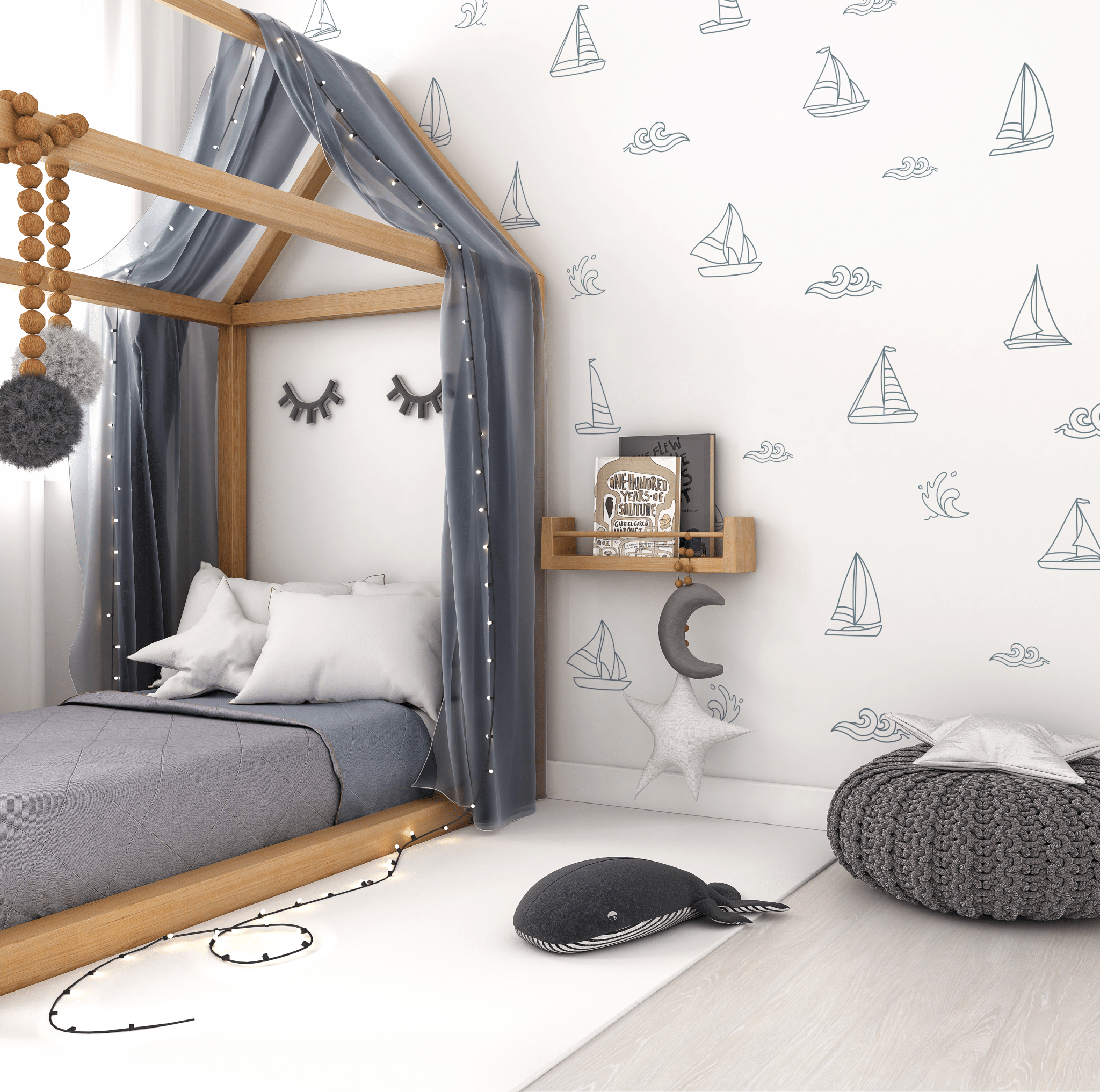 Neutral child's room with blue sailboat decals on a white wall