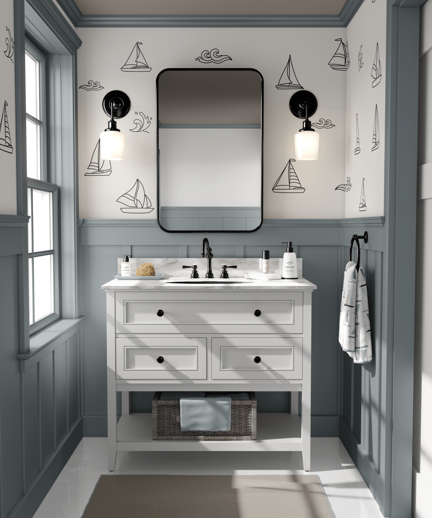 Beach bathroom with sailboat decals and wooden coastal elements